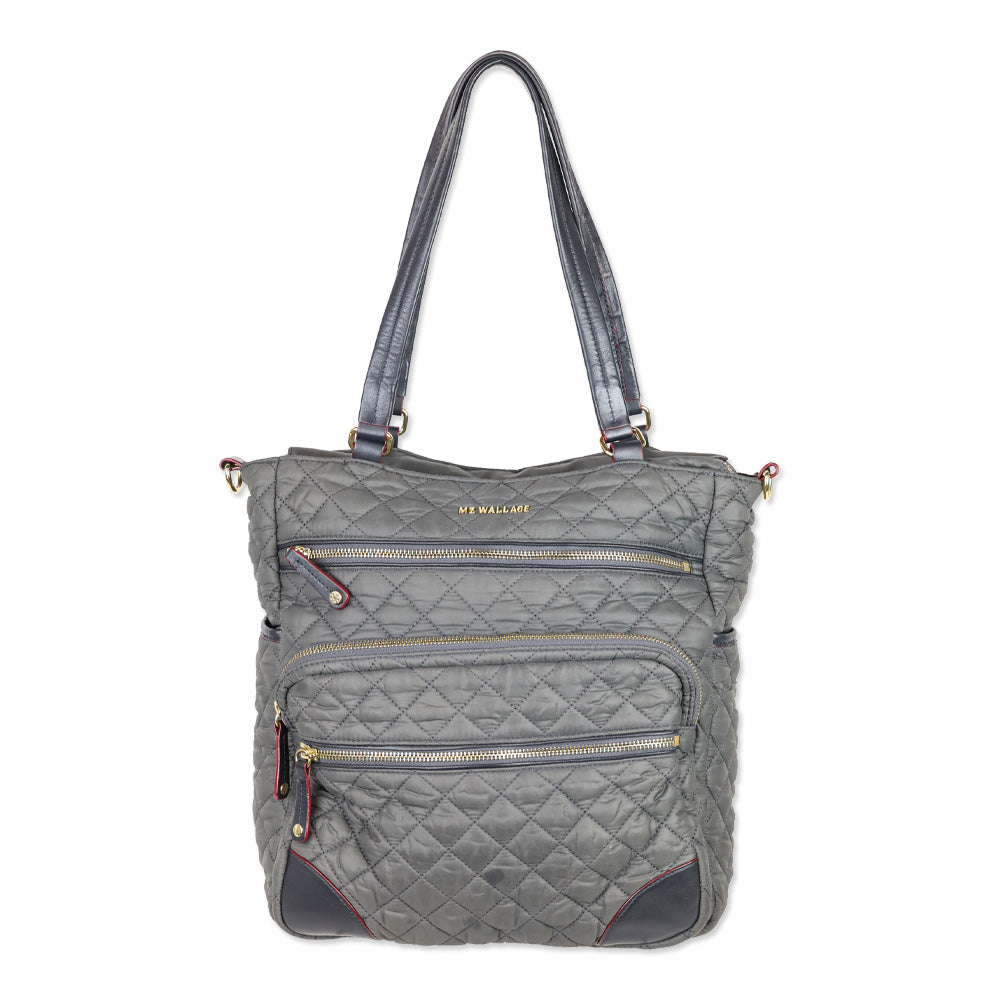 MZ Wallace Gray Quilted Nylon Leather Trim Medium Crosby Tote