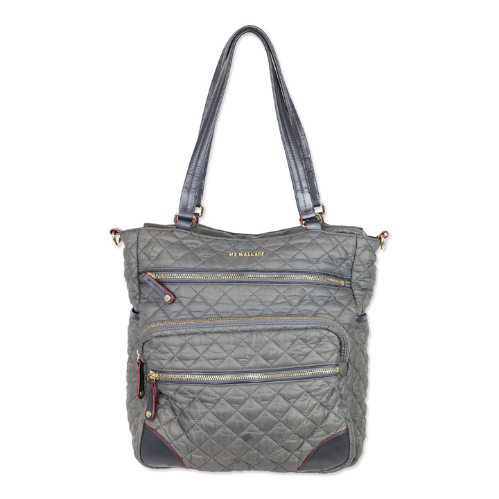 MZ Wallace Gray Quilted Nylon Leather Trim Medium Crosby Tote
