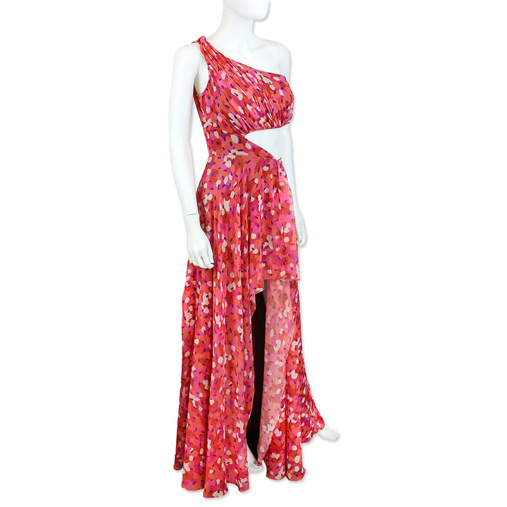 Mac Duggal Ieena Printed One-Shoulder Cutout Hi-Low Gown