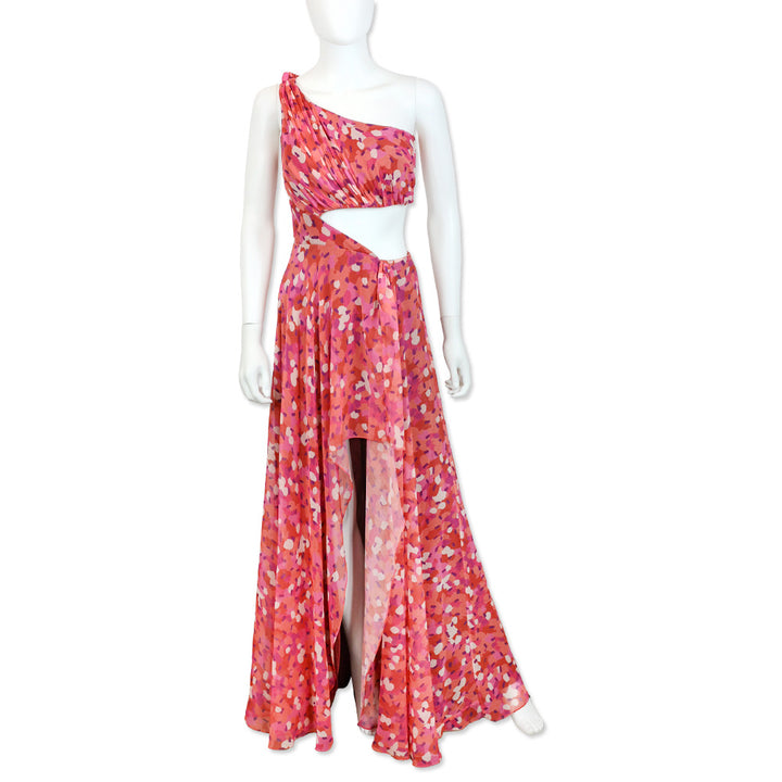 Mac Duggal Ieena Printed One-Shoulder Cutout Hi-Low Gown