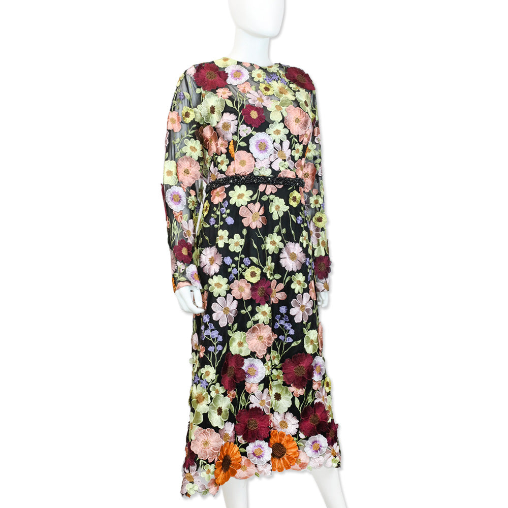 Mac Duggal Multicolor Floral Embroidered A-Line Midi Dress
