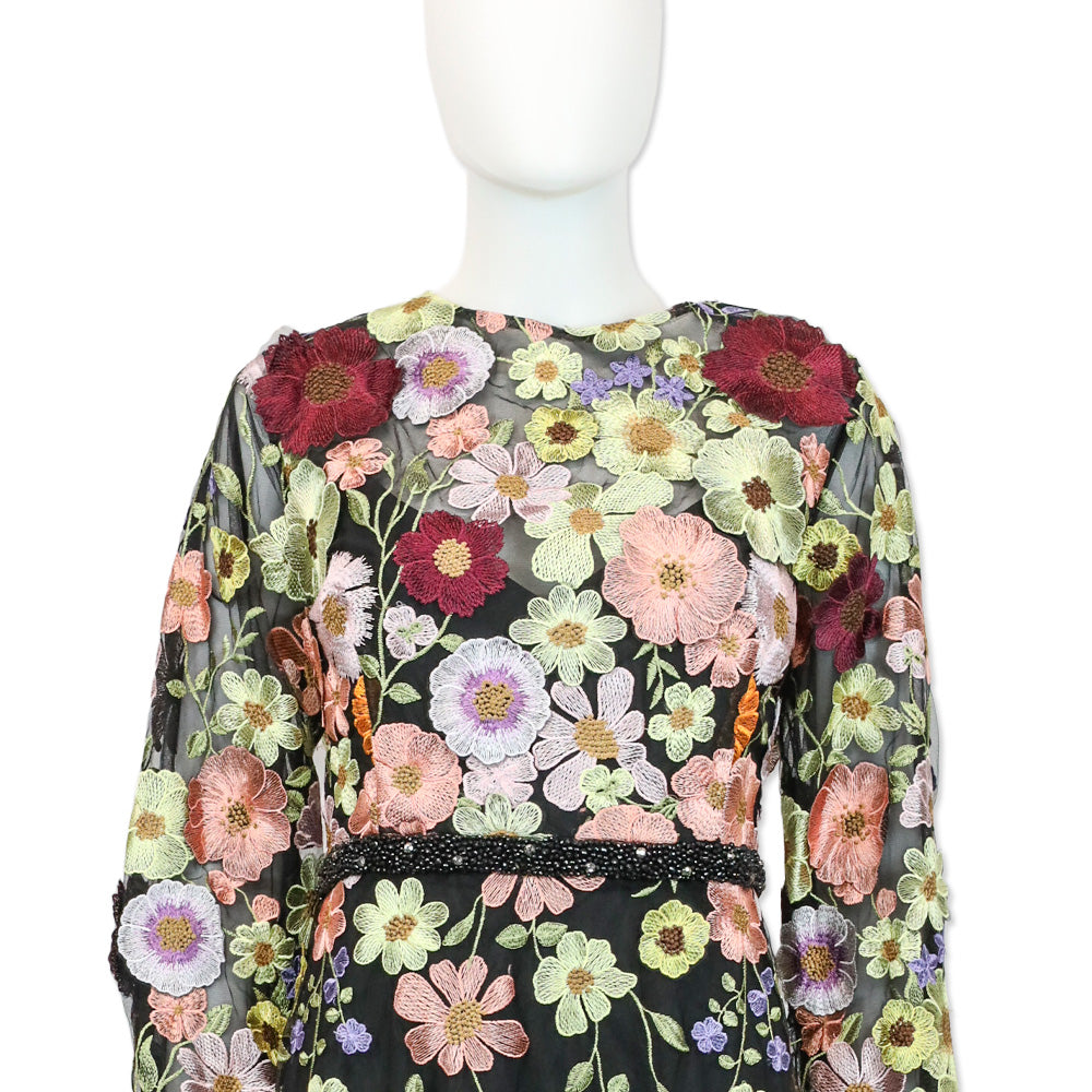 Mac Duggal Multicolor Floral Embroidered A-Line Midi Dress