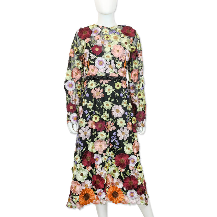 Mac Duggal Multicolor Floral Embroidered A-Line Midi Dress