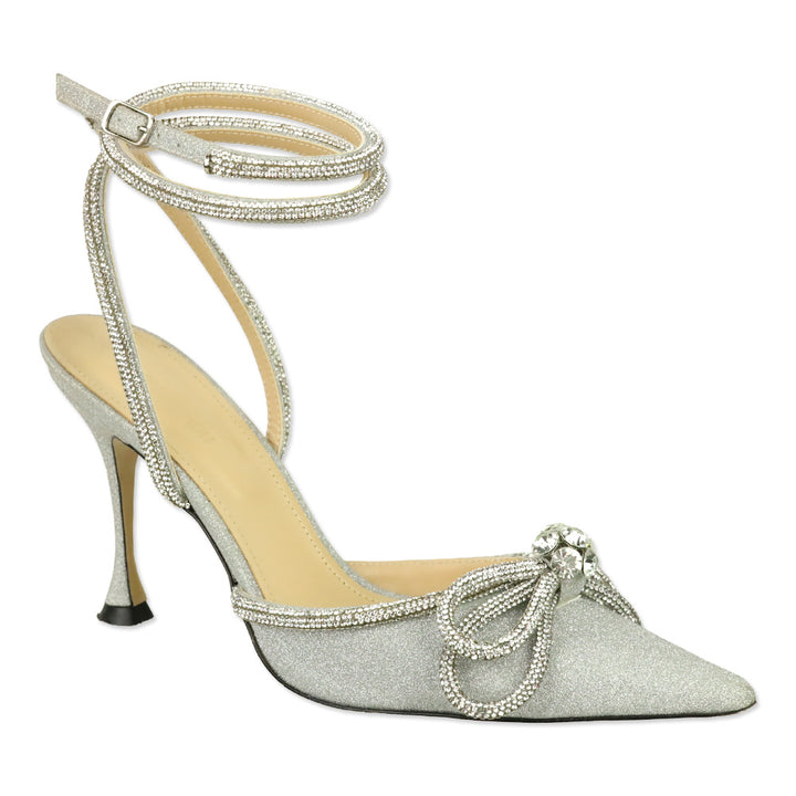 Mach & Mach Silver Double Bow Glitter Pumps