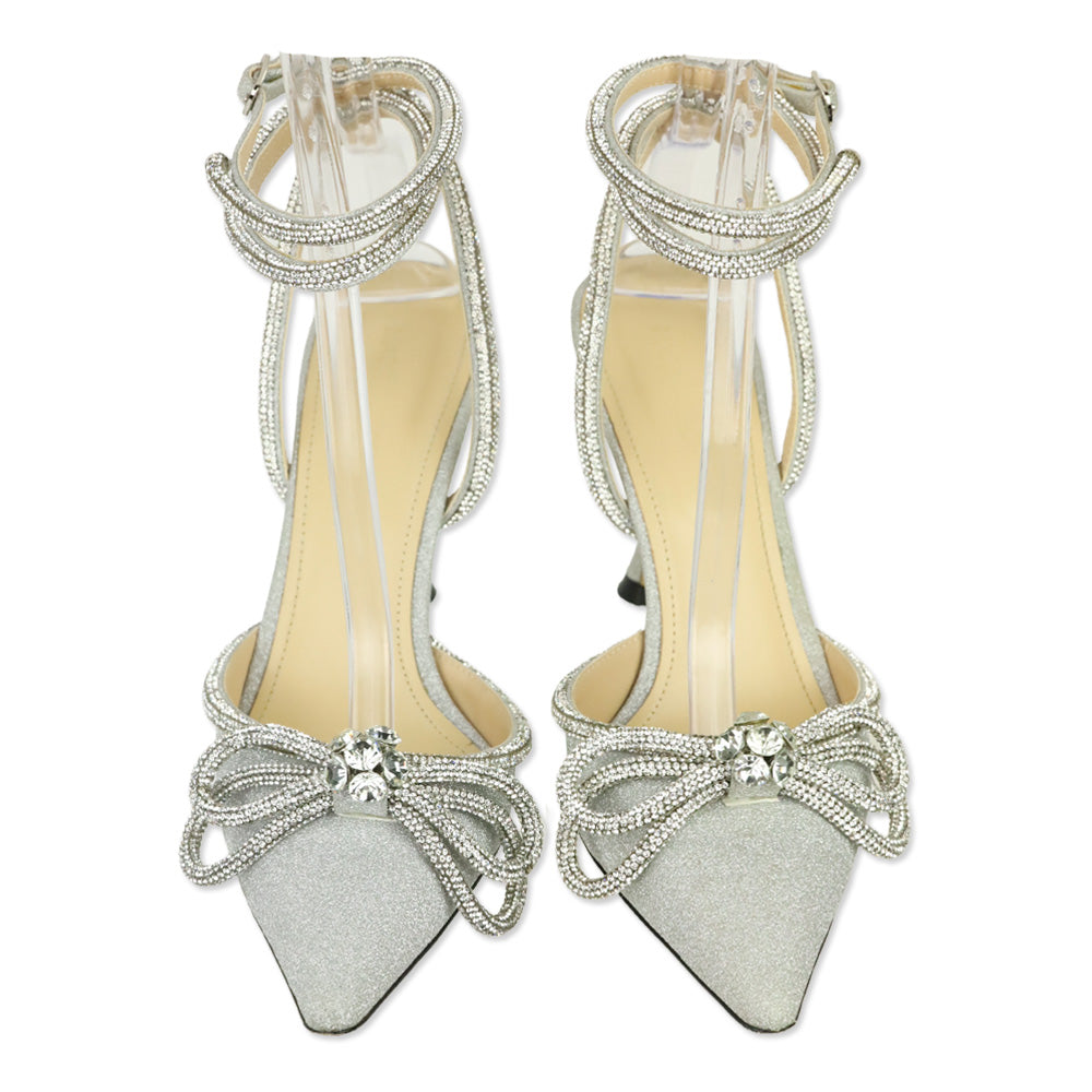 Mach & Mach Silver Double Bow Glitter Pumps