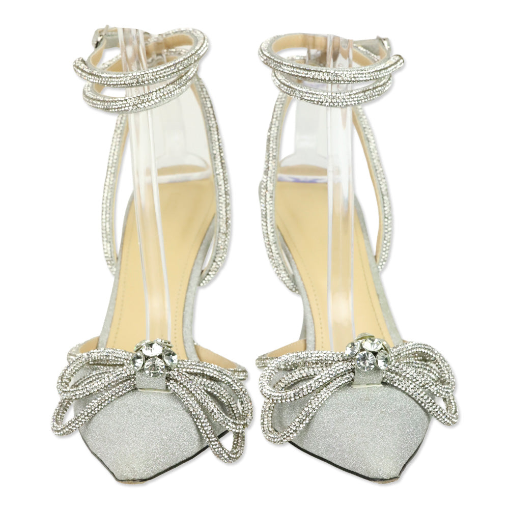 Mach & Mach Silver Double Bow Glitter Pumps