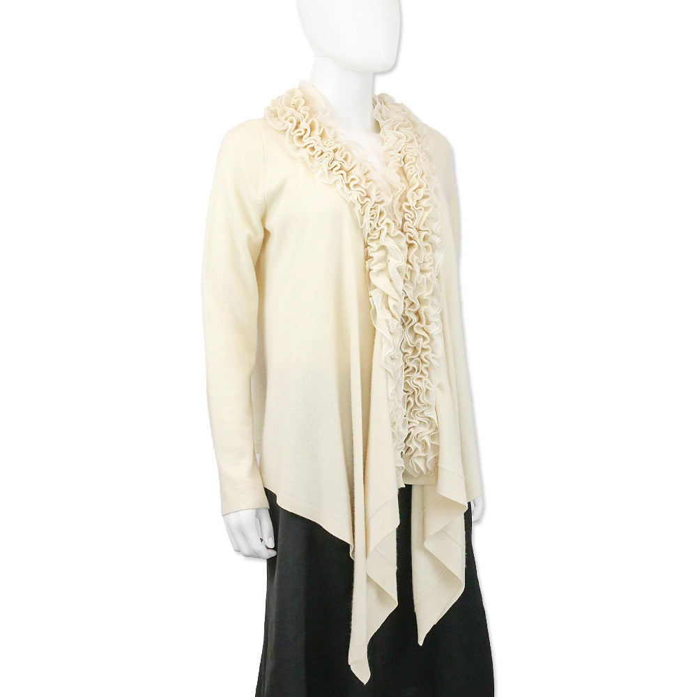 Magaschoni Cream Cashmere Knit Ruffle Shawl Collar Cardigan
