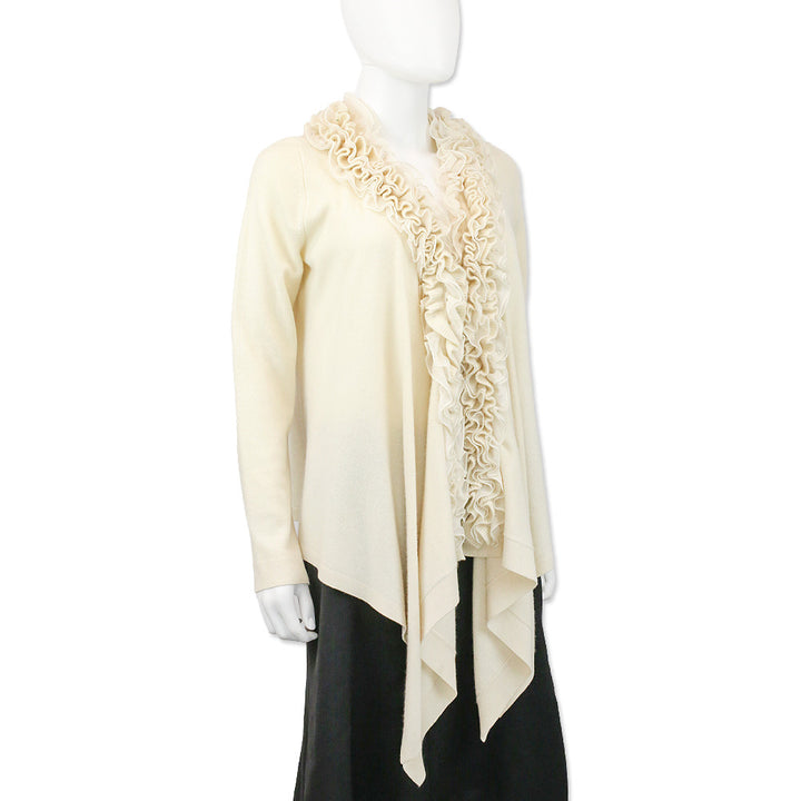 Magaschoni Cream Cashmere Knit Ruffle Shawl Collar Cardigan