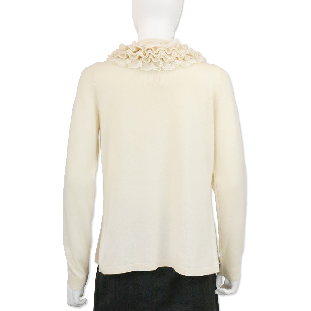 Magaschoni Cream Cashmere Knit Ruffle Shawl Collar Cardigan