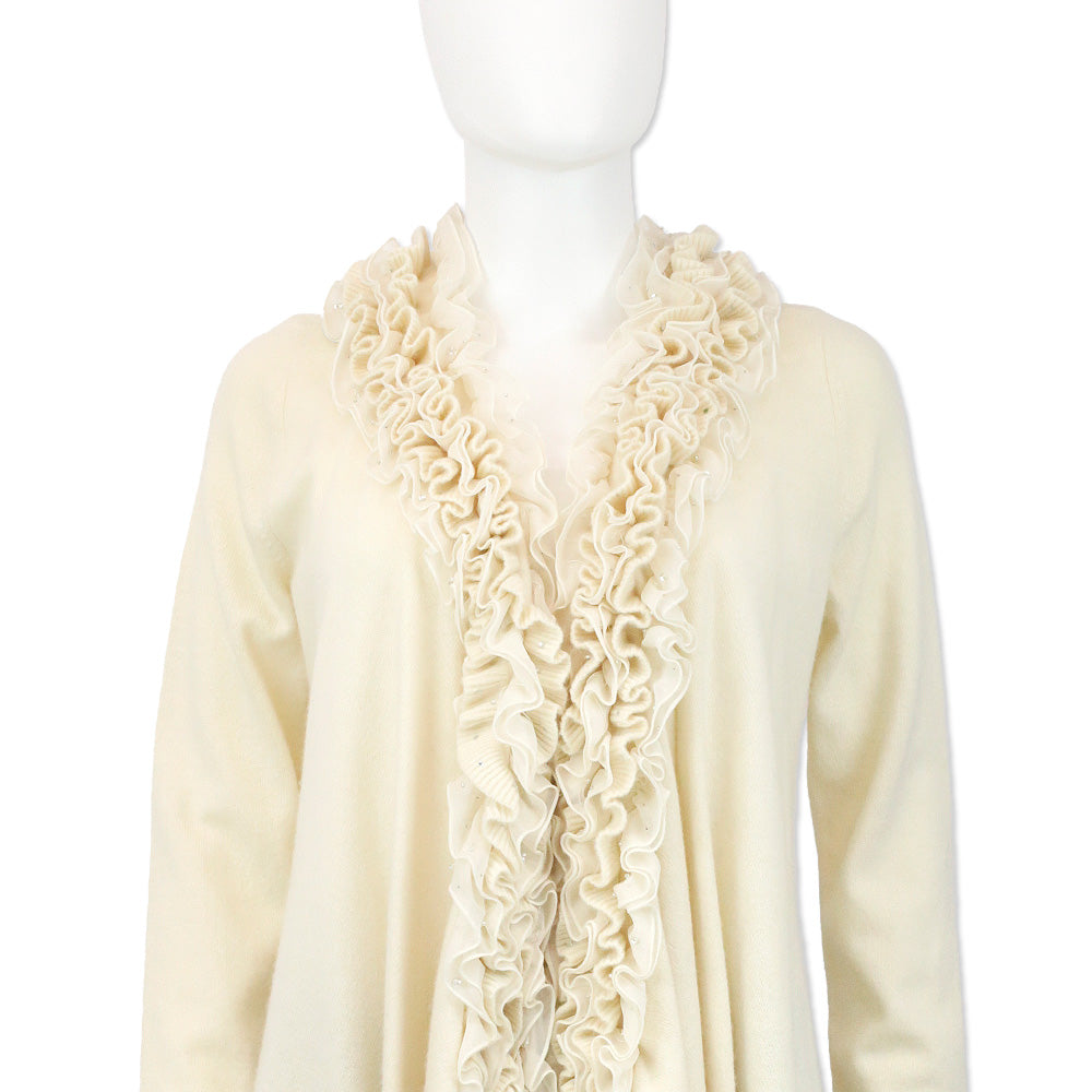 Magaschoni Cream Cashmere Knit Ruffle Shawl Collar Cardigan