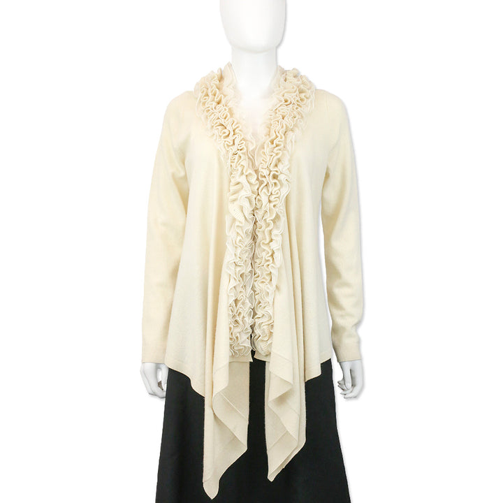Magaschoni Cream Cashmere Knit Ruffle Shawl Collar Cardigan
