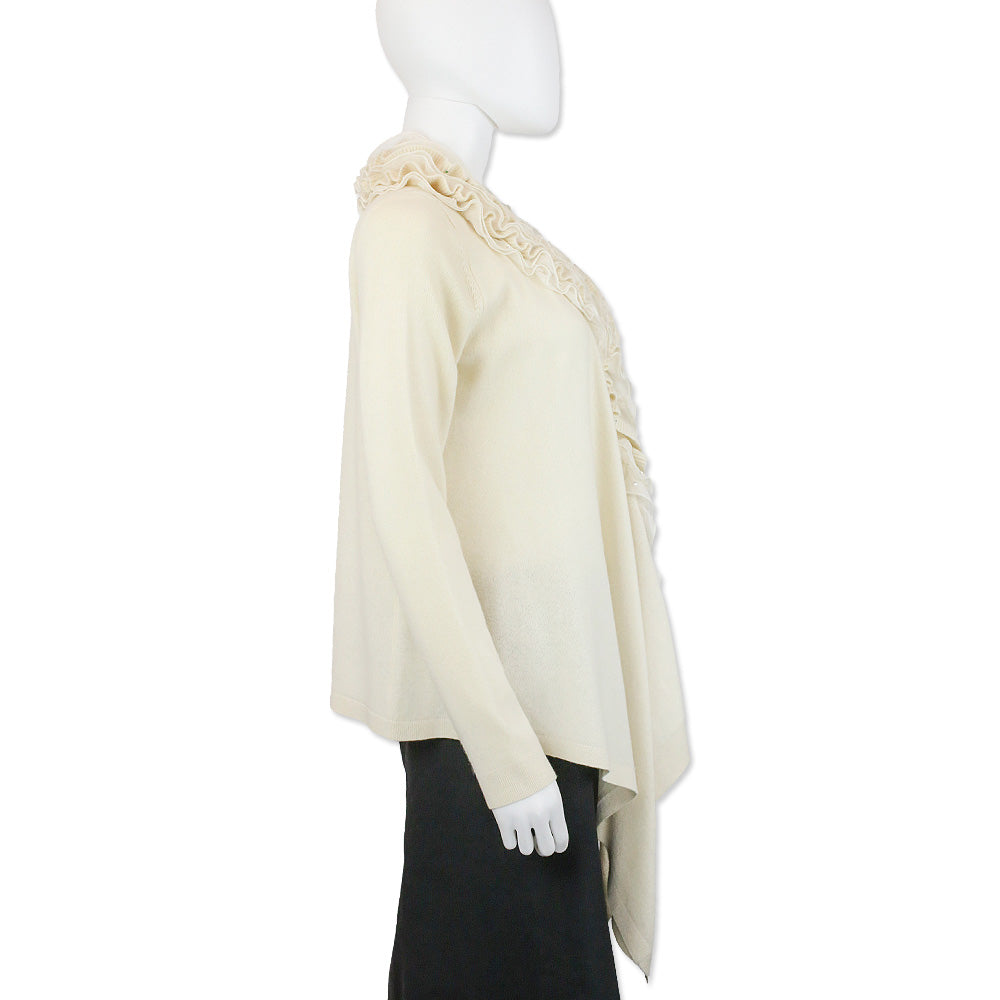 Magaschoni Cream Cashmere Knit Ruffle Shawl Collar Cardigan