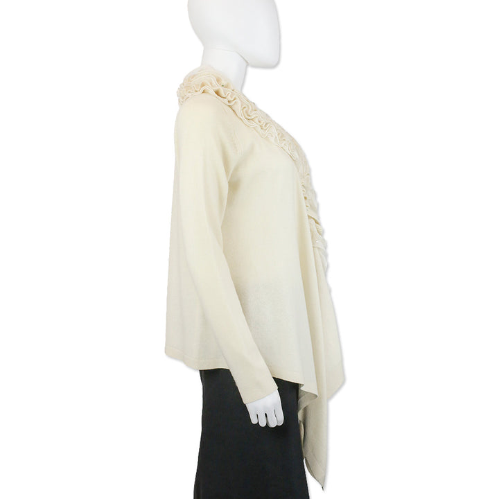 Magaschoni Cream Cashmere Knit Ruffle Shawl Collar Cardigan