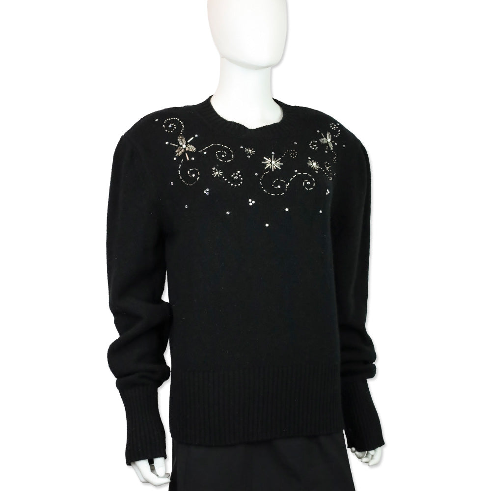 Magda Butrym Black Knit Snowflake Beaded Crewneck Sweater