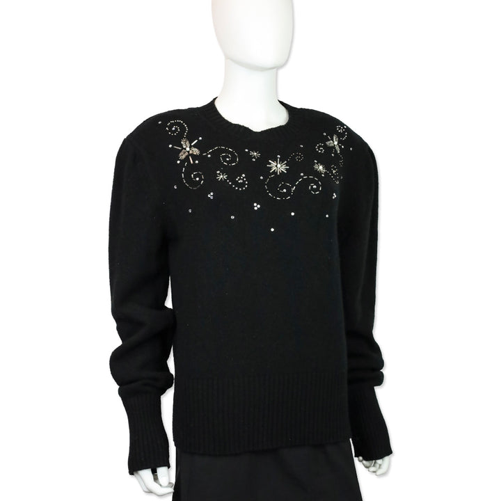 Magda Butrym Black Knit Snowflake Beaded Crewneck Sweater