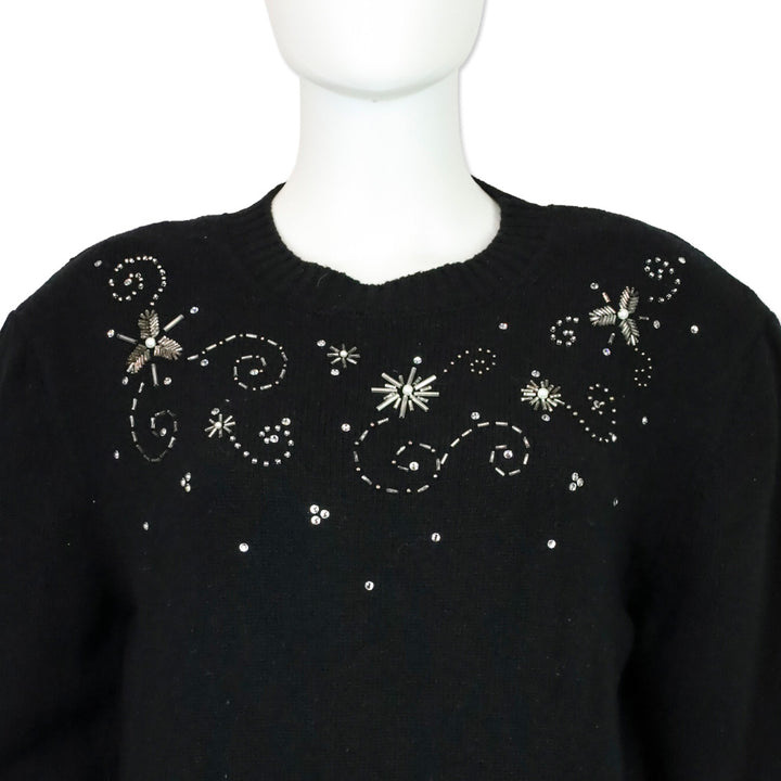 Magda Butrym Black Knit Snowflake Beaded Crewneck Sweater