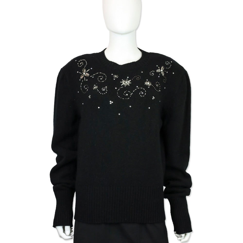 Magda Butrym Black Knit Snowflake Beaded Crewneck Sweater