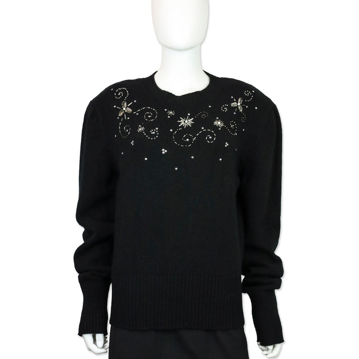 Magda Butrym Black Knit Snowflake Beaded Crewneck Sweater