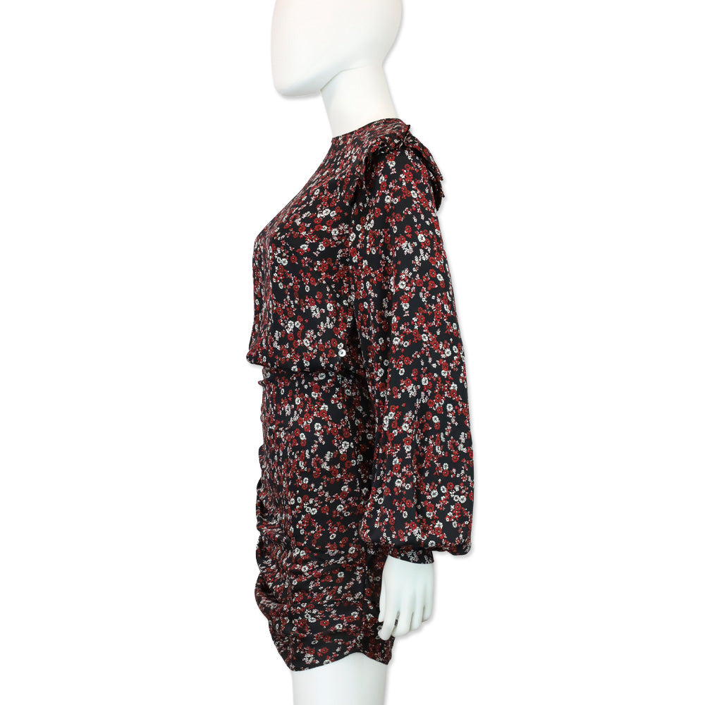 Magda Butrym Black/Red Floral Print Silk Cold-Shoulder Single Sleeve Mini Dress