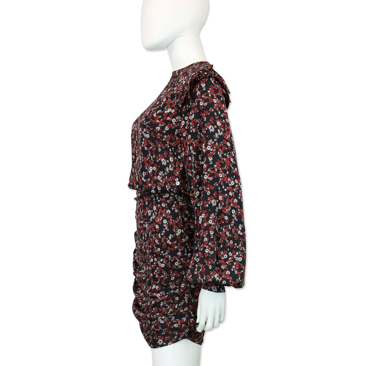 Magda Butrym Black/Red Floral Print Silk Cold-Shoulder Single Sleeve Mini Dress