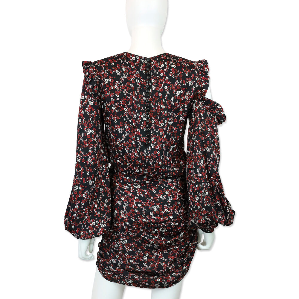 Magda Butrym Black/Red Floral Print Silk Cold-Shoulder Single Sleeve Mini Dress