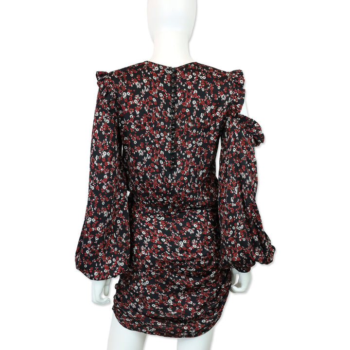 Magda Butrym Black/Red Floral Print Silk Cold-Shoulder Single Sleeve Mini Dress