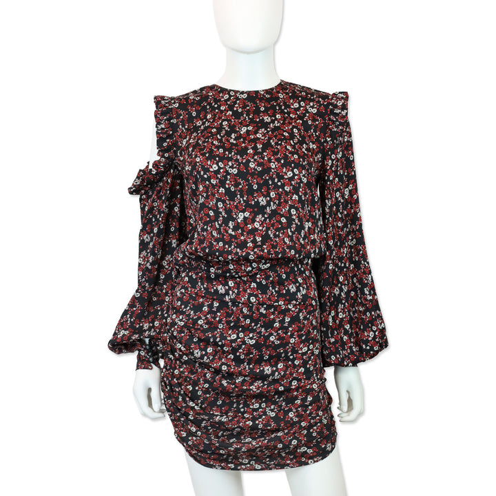 Magda Butrym Black/Red Floral Print Silk Cold-Shoulder Single Sleeve Mini Dress