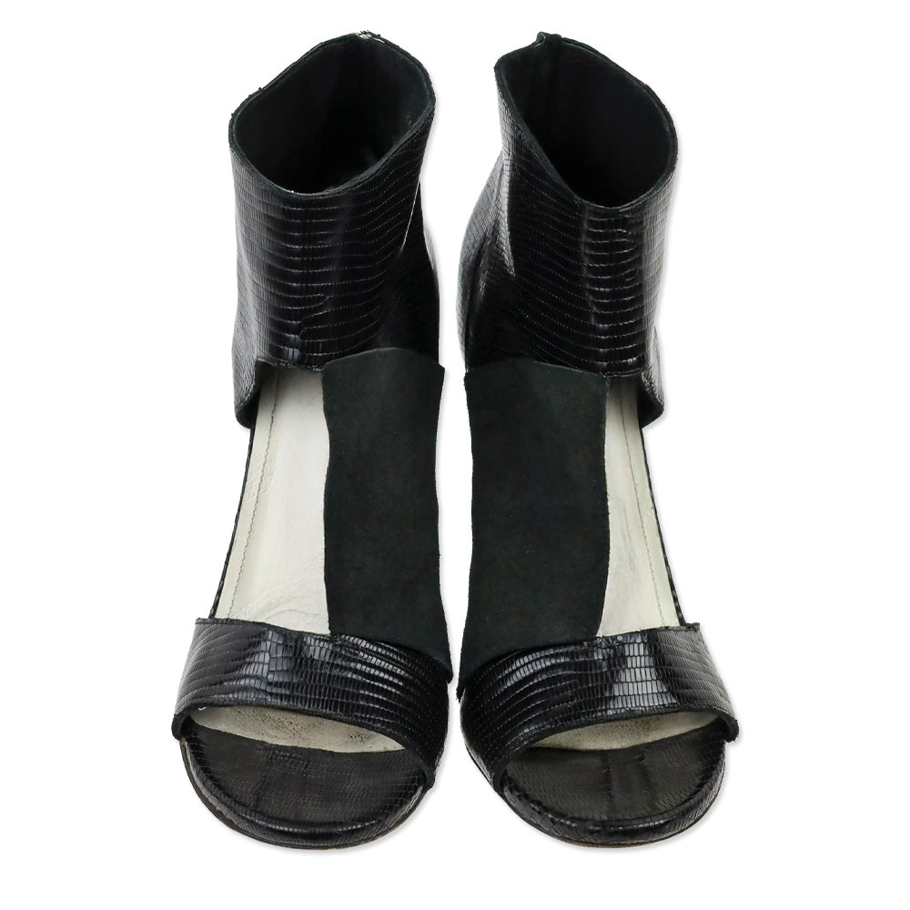 Maison Martin Margiela Black Suede & Lizard Embossed Cutout Sandal Bootie