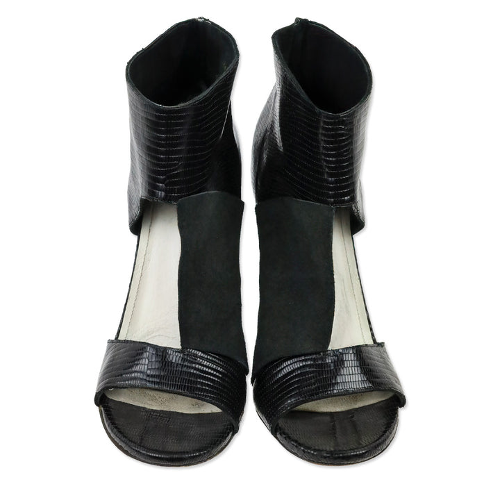 Maison Martin Margiela Black Suede & Lizard Embossed Cutout Sandal Bootie