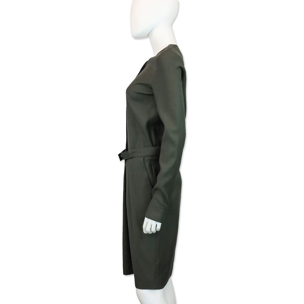 Maison Martin Margiela Dark Olive Satin Belted Midi Shirtdress