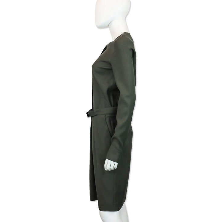 Maison Martin Margiela Dark Olive Satin Belted Midi Shirtdress