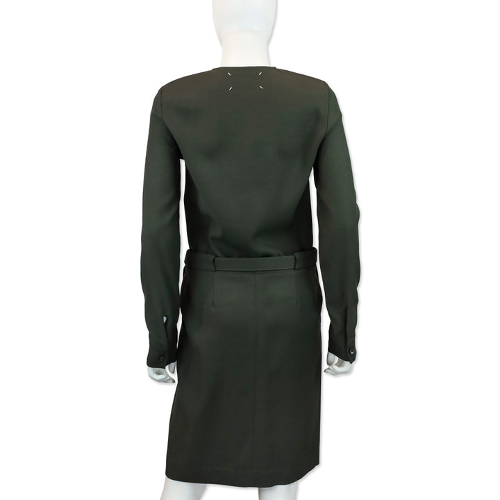 Maison Martin Margiela Dark Olive Satin Belted Midi Shirtdress