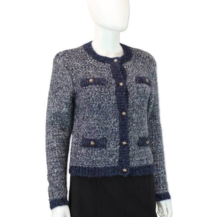 Maje Blue Metallic Sequin Tweed Cardigan
