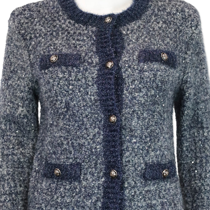 Maje Blue Metallic Sequin Tweed Cardigan