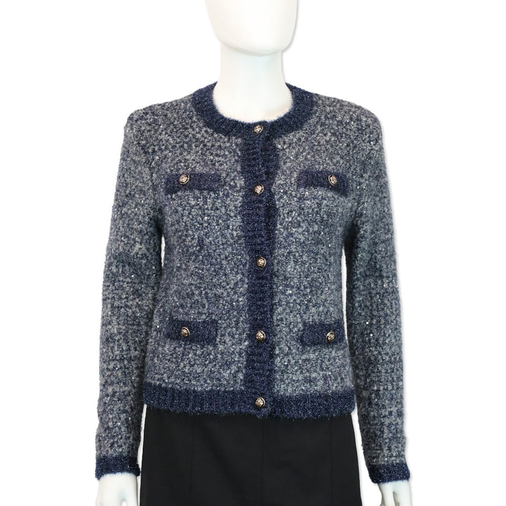 Maje Blue Metallic Sequin Tweed Cardigan