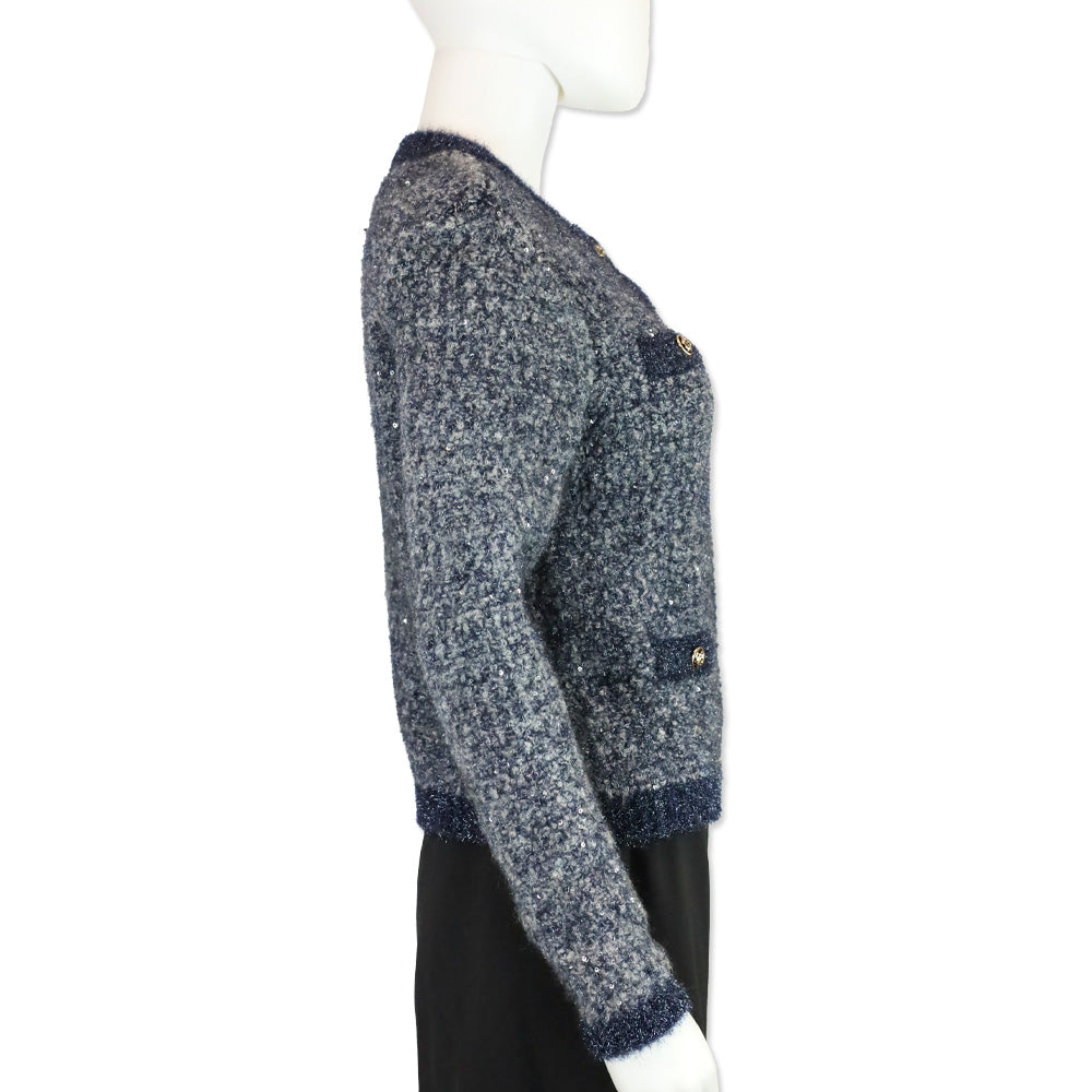 Maje Blue Metallic Sequin Tweed Cardigan