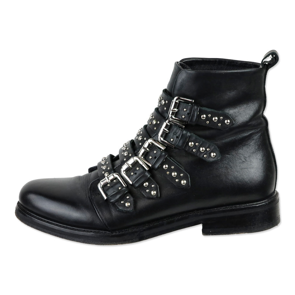 Maje Fortune Black Leather Studded Buckle Boots