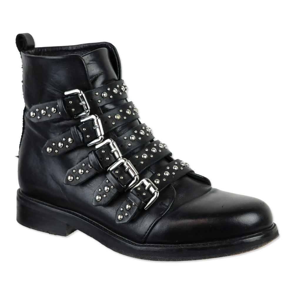 Maje Fortune Black Leather Studded Buckle Boots