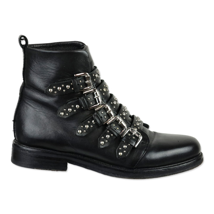 Maje Fortune Black Leather Studded Buckle Boots