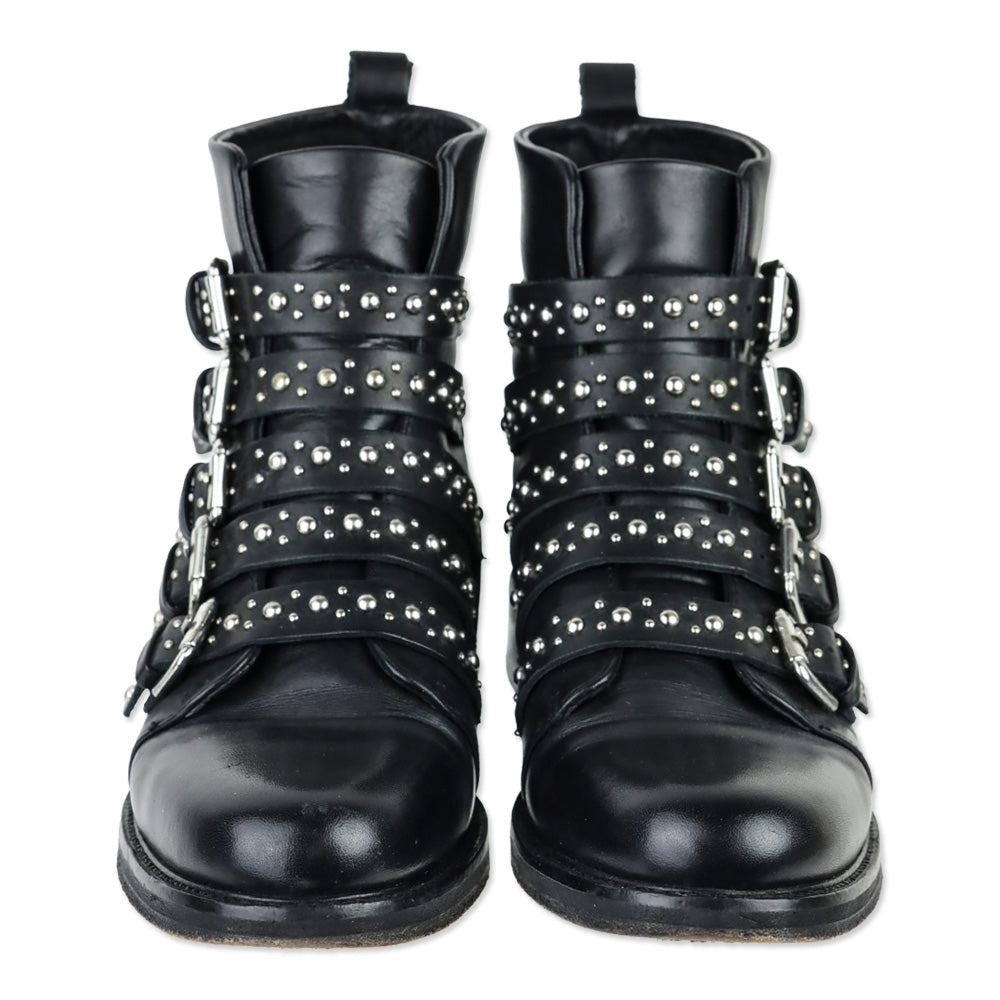 Maje Fortune Black Leather Studded Buckle Boots