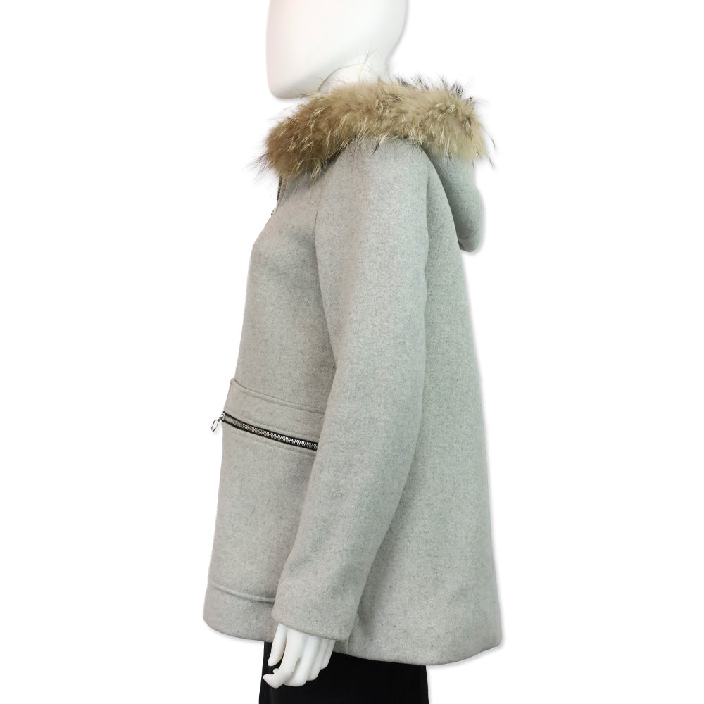 Maje Greli Gris Grey Wool Raccoon Fur Hooded Coat
