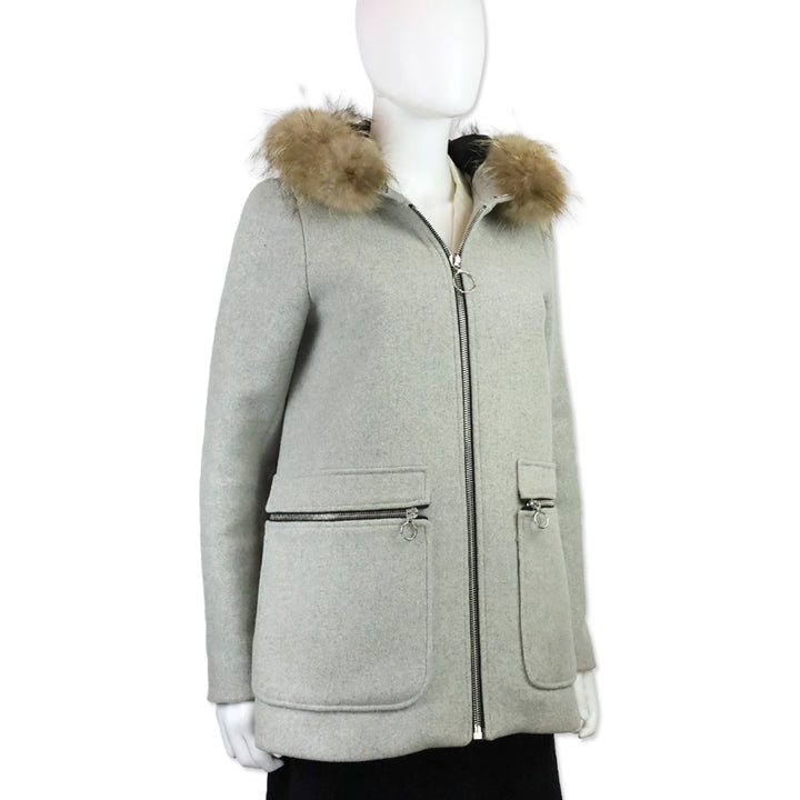 Maje Greli Gris Grey Wool Raccoon Fur Hooded Coat