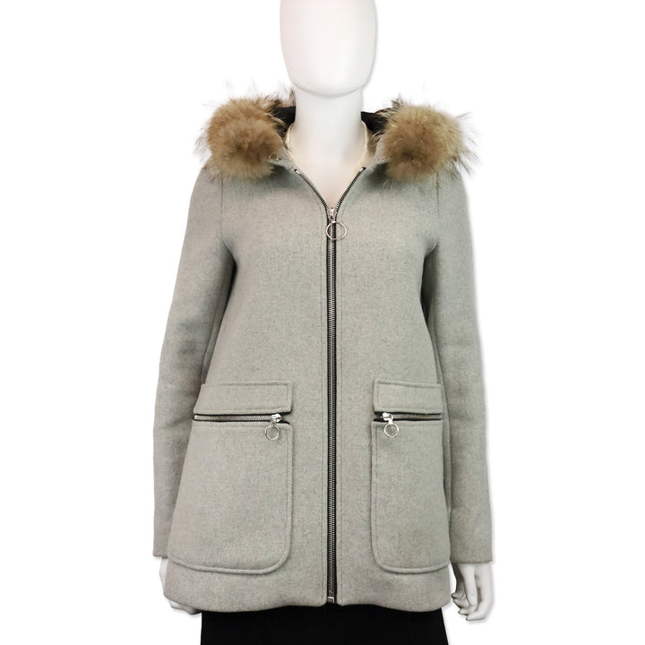 Maje Greli Gris Grey Wool Raccoon Fur Hooded Coat