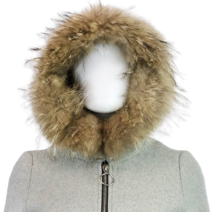 Maje Greli Gris Grey Wool Raccoon Fur Hooded Coat
