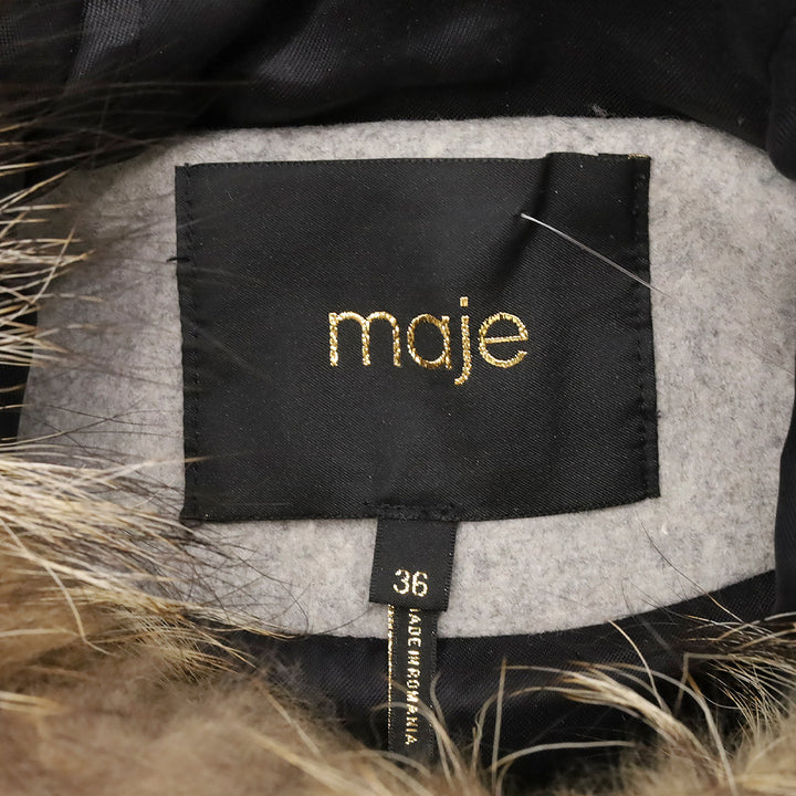 Maje Greli Gris Grey Wool Raccoon Fur Hooded Coat