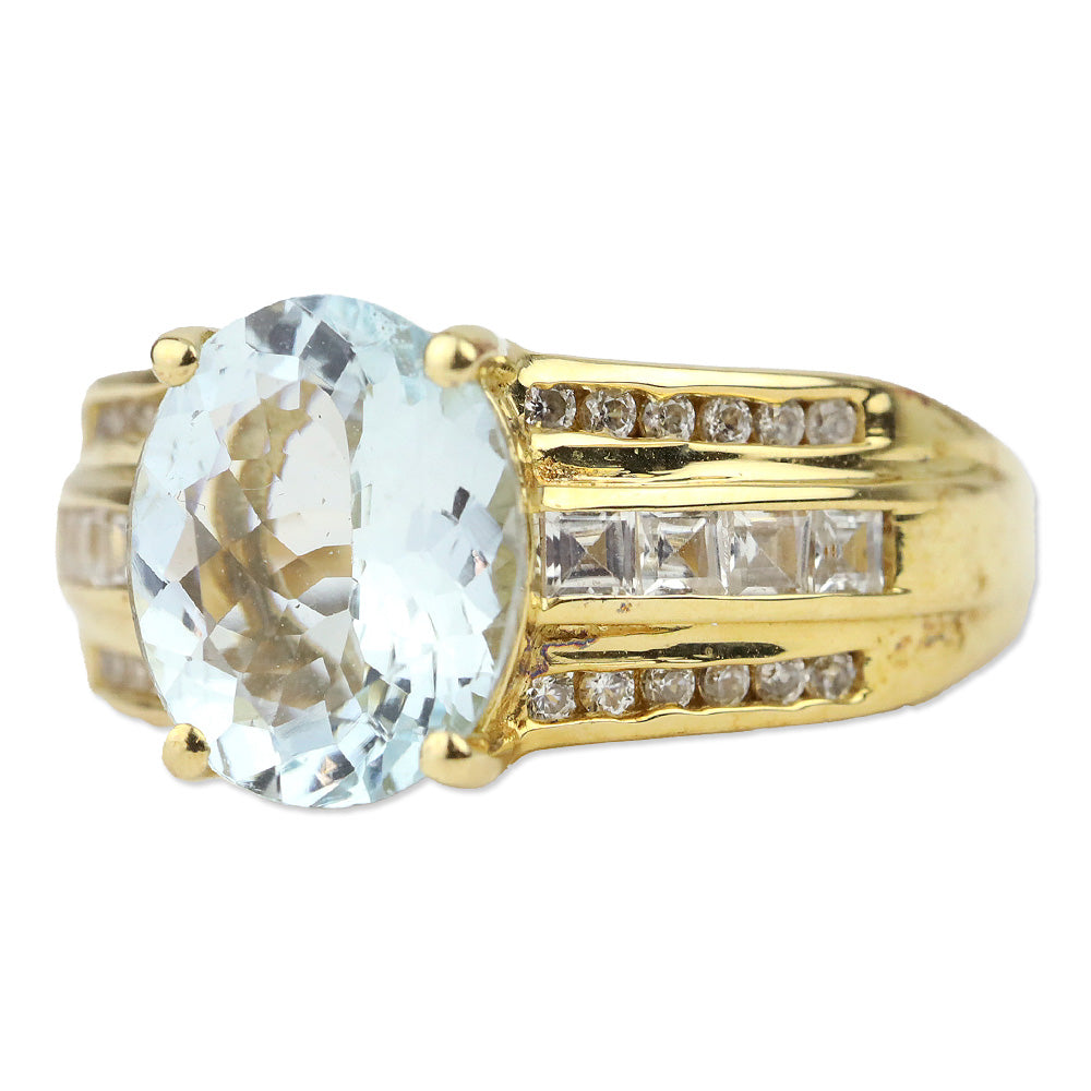 Mangoro Aquamarine and White Zircon Ring in Vermeil Yellow Gold Over Sterling Silver