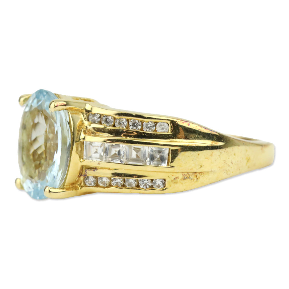 Mangoro Aquamarine and White Zircon Ring in Vermeil Yellow Gold Over Sterling Silver