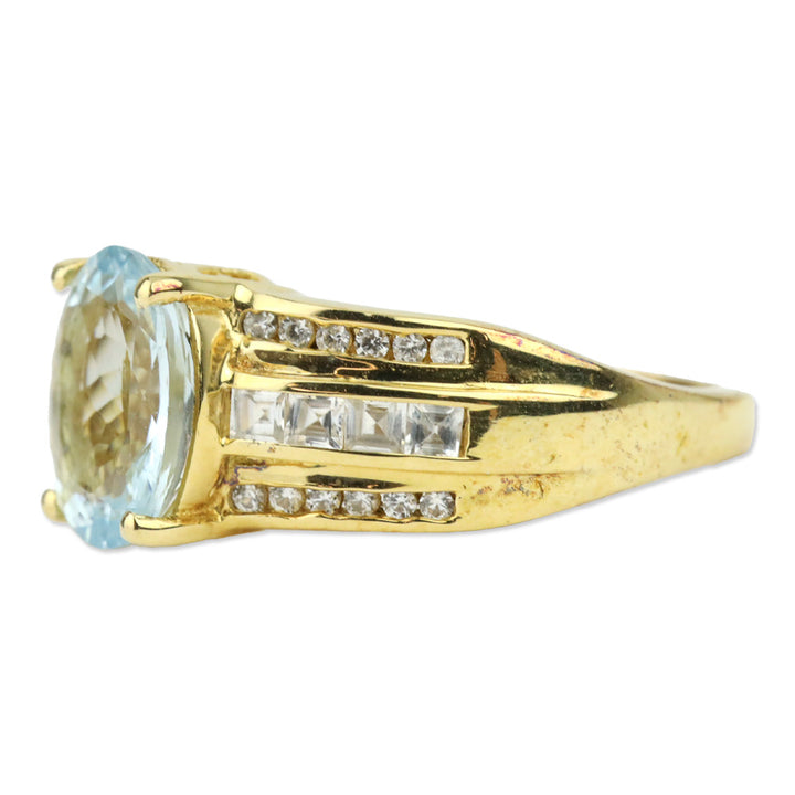Mangoro Aquamarine and White Zircon Ring in Vermeil Yellow Gold Over Sterling Silver