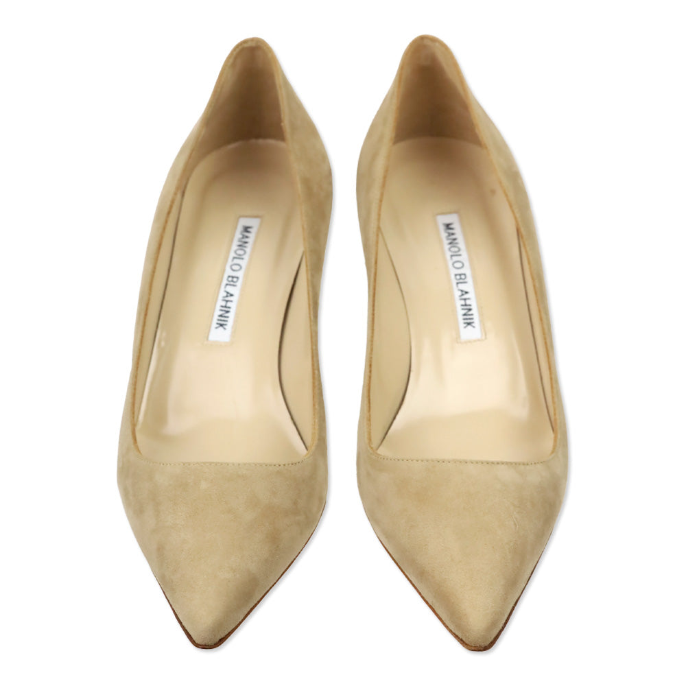 Manolo Blahnik Beige Suede Srila 50mm Kitten Pumps