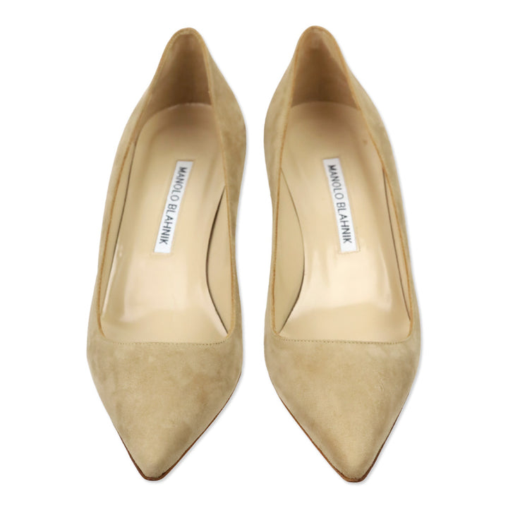 Manolo Blahnik Beige Suede Srila 50mm Kitten Pumps